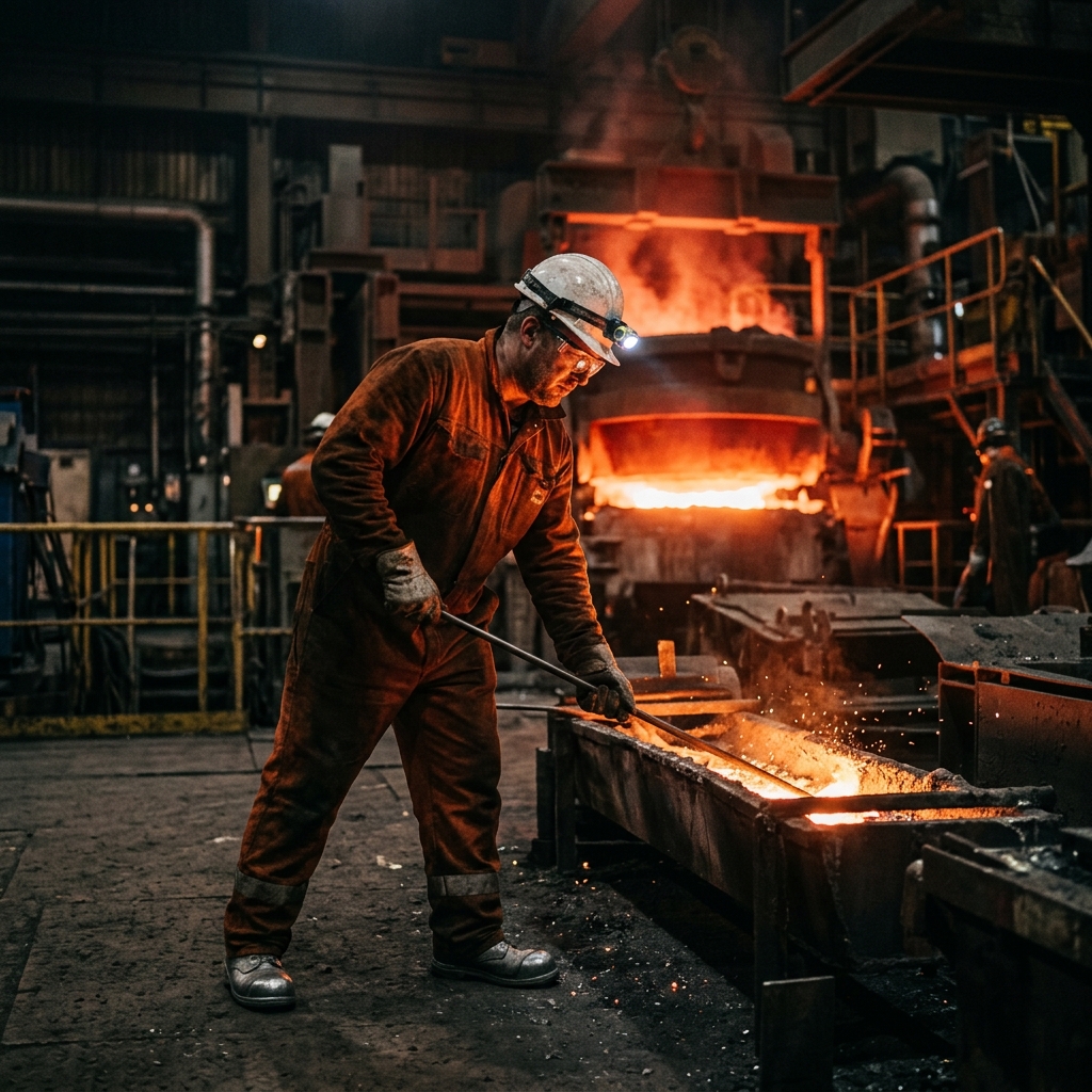 Mining and steelworks worker in full protective clothing — flame-resistant boilersuit, hard hat, goggles, and gloves
